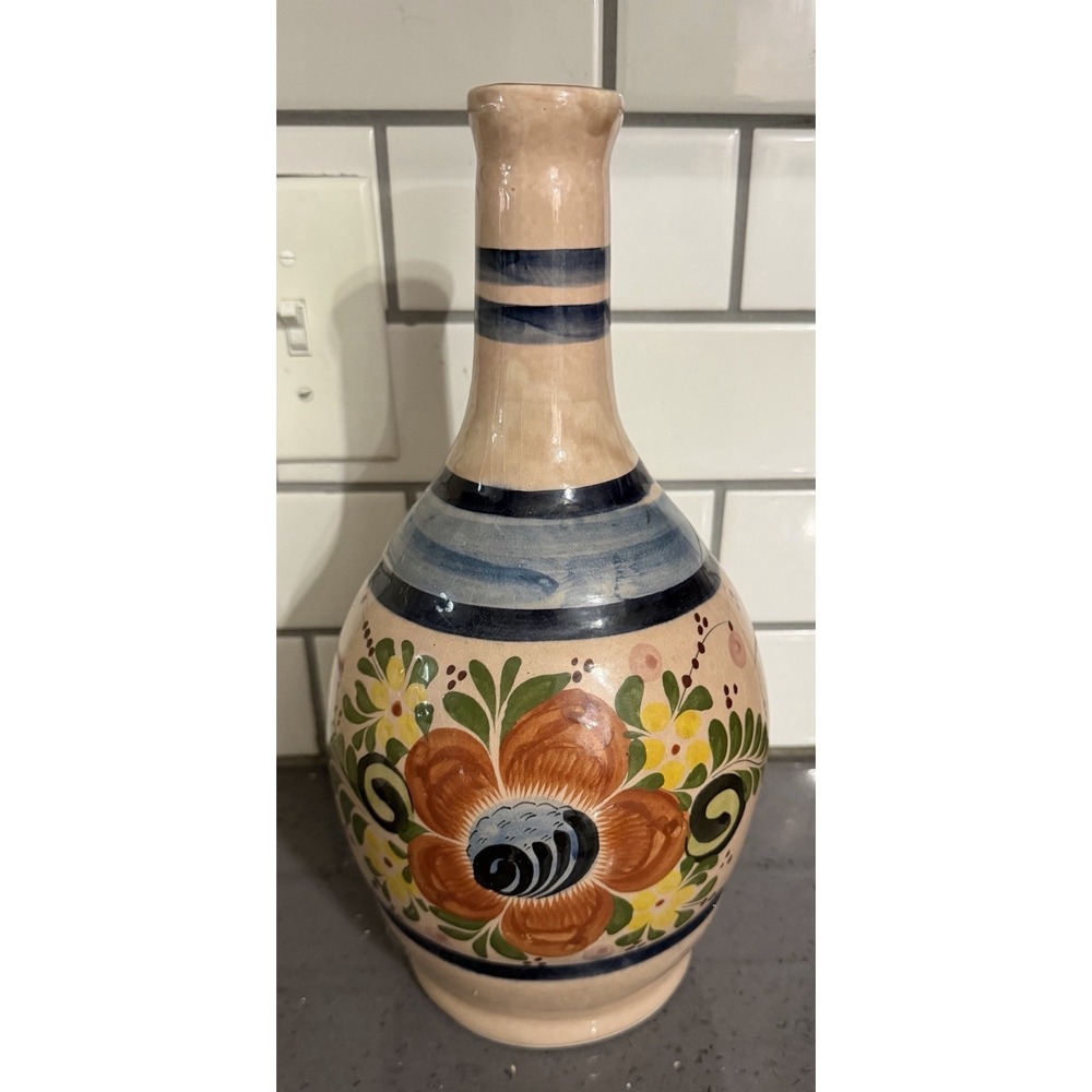 Folk Art Signed Tonala Glazed Hand Painted Vase Rustic Mexico